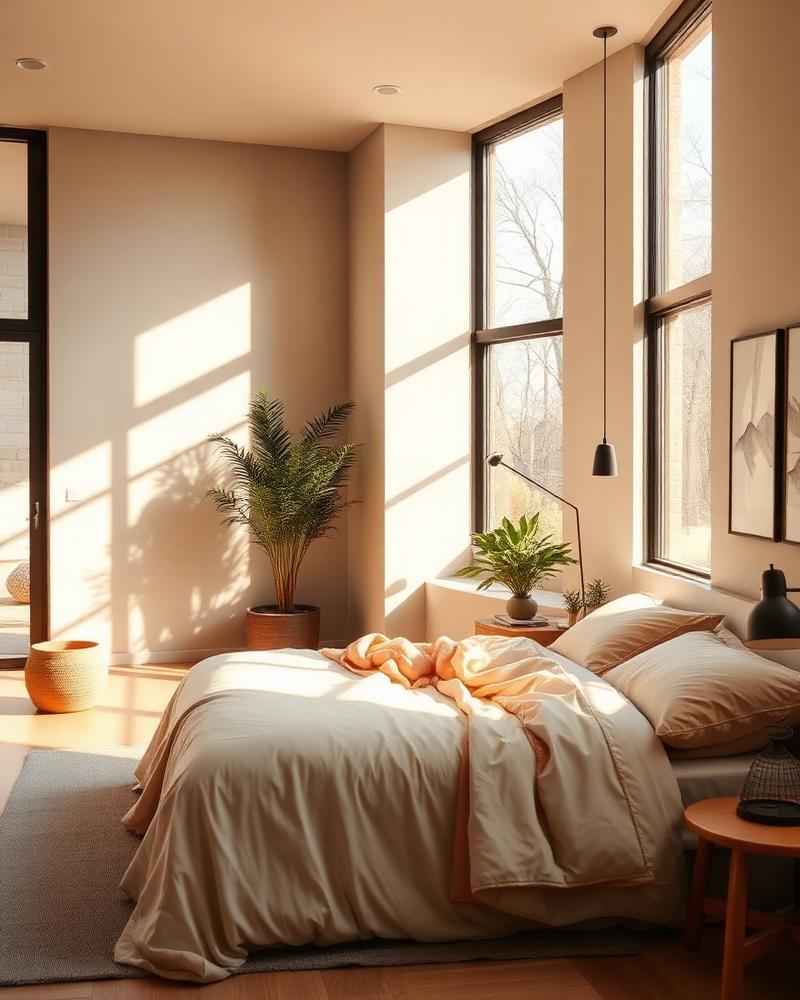 Modern bedroom interior with warm light